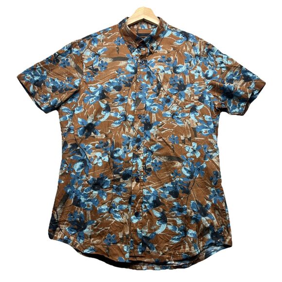 14TH & Union Trim Fit Short Sleeve Button Down Size Medium Brown Blue - Picture 1 of 11